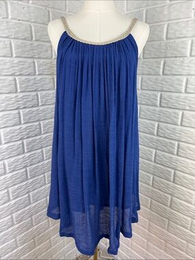 SAND & SPIRIT BLUE HALTER TUNIC OR MINI DRESS METALLIC BRAIDED NECKLINE SZ LG